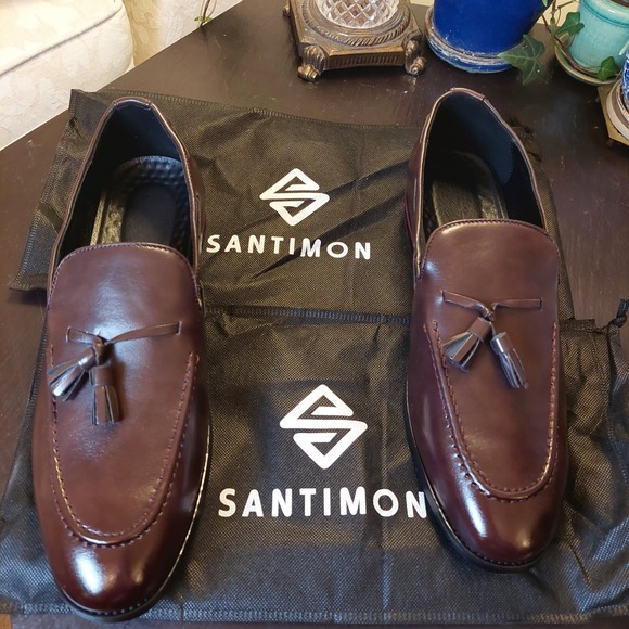 NEW! Santimon Men's Leather Loafers Tassel Slip On Shoe Brown Size EU 47 US 13 - Picture 2 of 11
